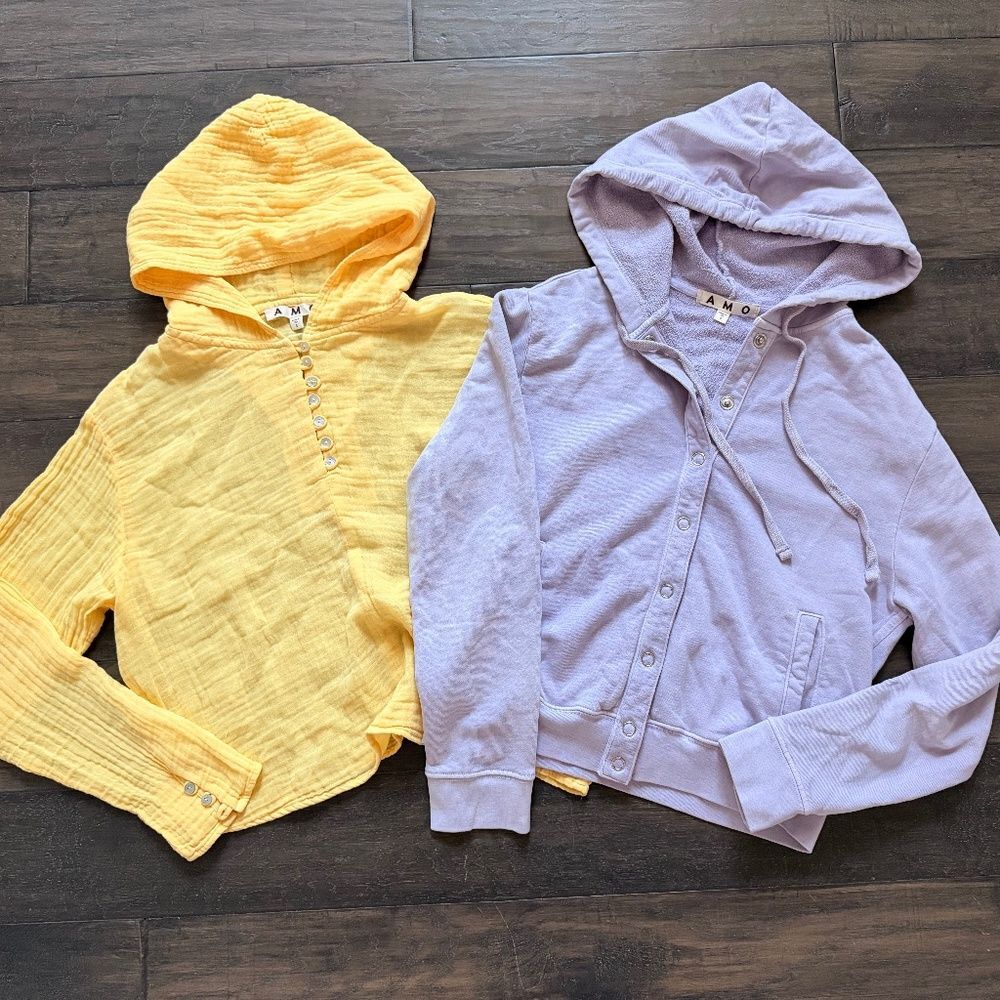 AMO Denim Darling Hoodie Top Combo in Yellow & Lavendar NWT $400